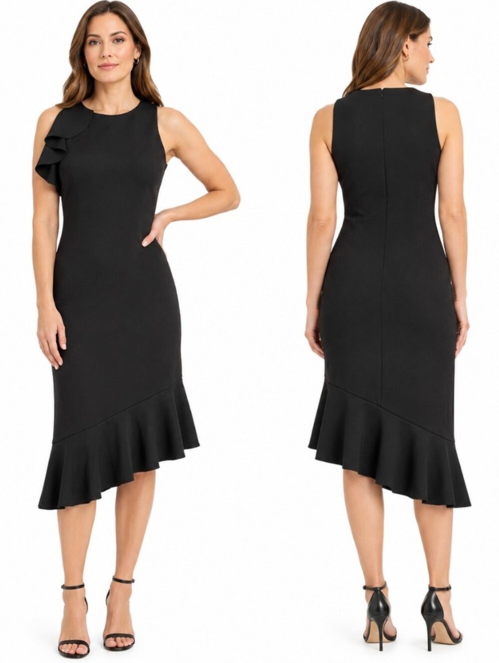 Banana Republic Black Asymmetrical Flounce Scuba Midi Dress Size 12 NWT